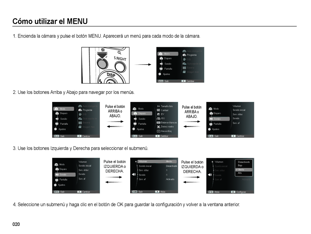 Samsung EC-ES74ZZBDBE1, EC-ES73ZZBBOCA Cómo utilizar el Menu, Use los botones Arriba y Abajo para navegar por los menús 