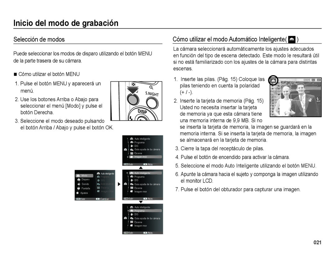 Samsung EC-ES73ZZBBOCA Inicio del modo de grabación, Selección de modos, Cómo utilizar el modo Automático Inteligente 