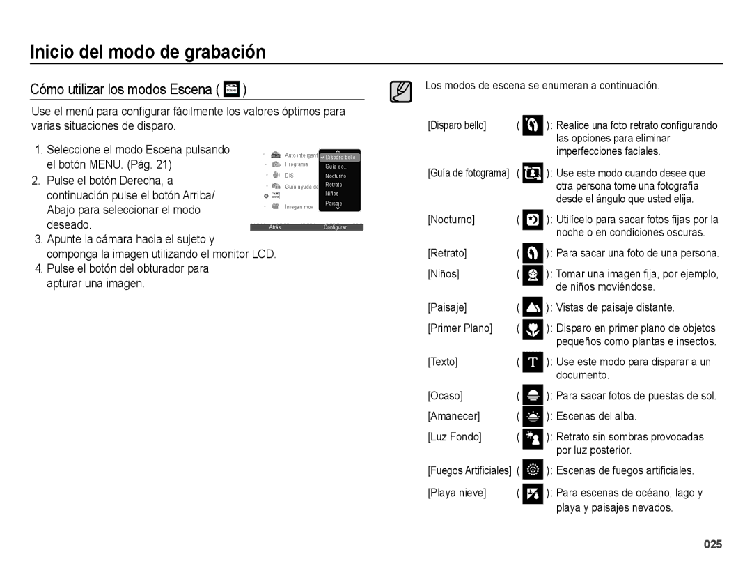 Samsung EC-ES73ZZBPRE1, EC-ES74ZZBDBE1, EC-ES73ZZBBOCA manual Cómo utilizar los modos Escena 