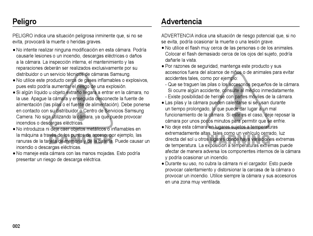 Samsung EC-ES74ZZBDBE1, EC-ES73ZZBBOCA, EC-ES73ZZBPRE1 manual Peligro, Advertencia 