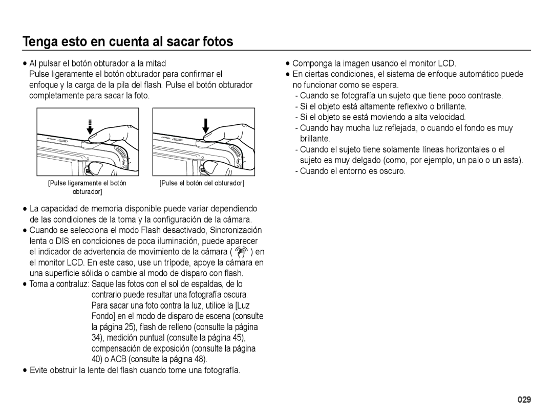 Samsung EC-ES74ZZBDBE1, EC-ES73ZZBBOCA, EC-ES73ZZBPRE1 manual Tenga esto en cuenta al sacar fotos 