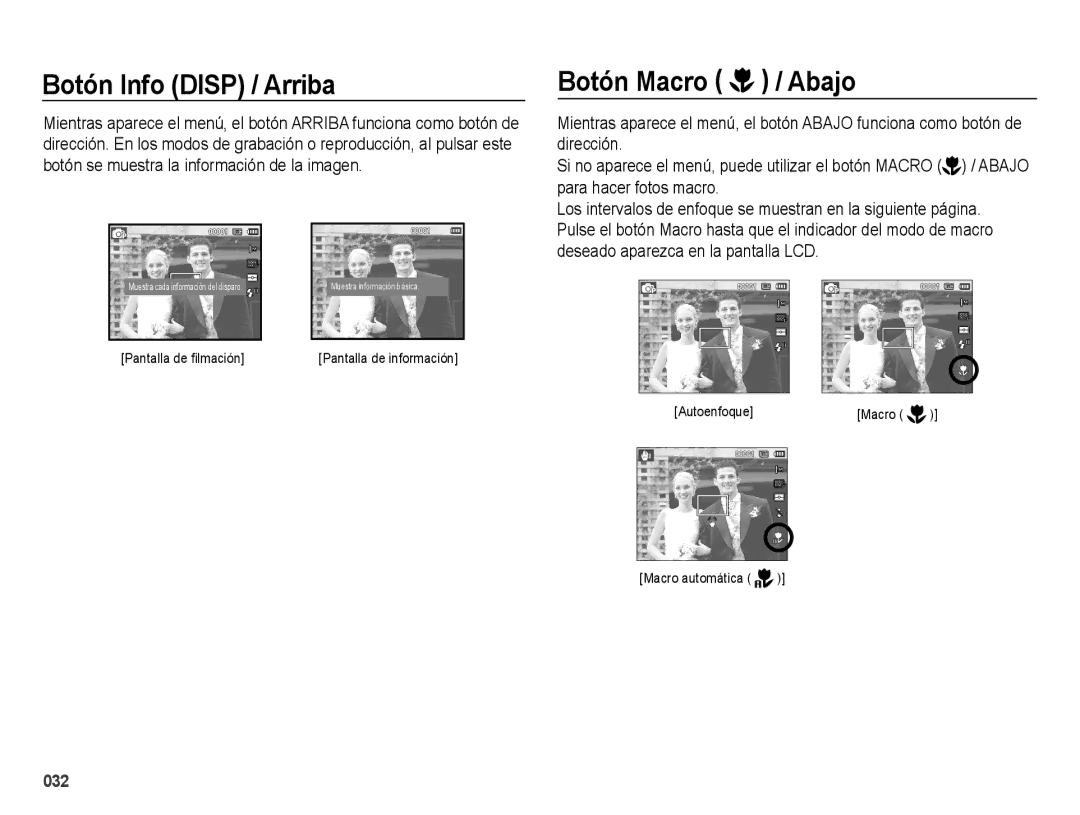 Samsung EC-ES74ZZBDBE1, EC-ES73ZZBBOCA, EC-ES73ZZBPRE1 manual Botón Info Disp / Arriba, Botón Macro / Abajo 