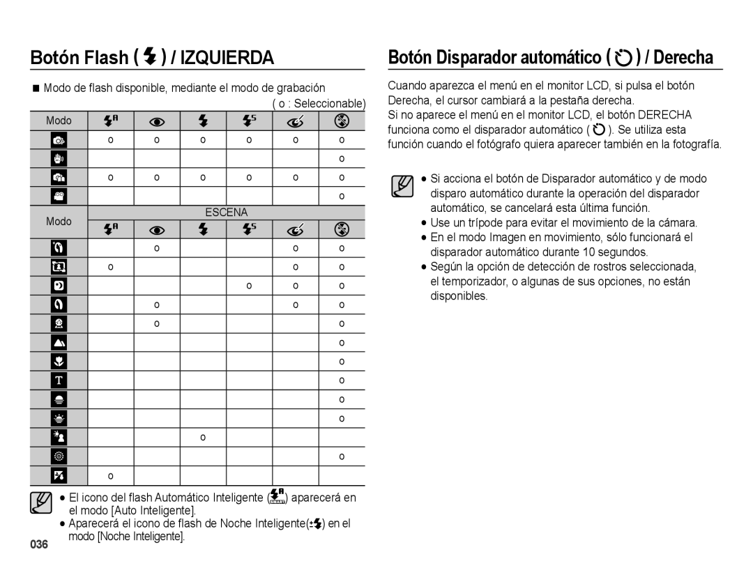 Samsung EC-ES73ZZBBOCA, EC-ES74ZZBDBE1 Modo de ﬂash disponible, mediante el modo de grabación, El modo Auto Inteligente 