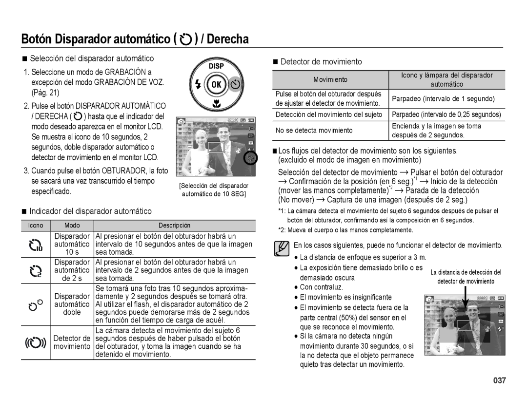 Samsung EC-ES73ZZBPRE1, EC-ES74ZZBDBE1, EC-ES73ZZBBOCA manual Botón Disparador automático / Derecha 