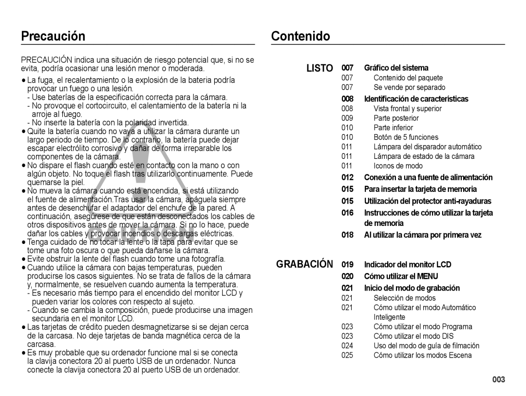 Samsung EC-ES73ZZBBOCA, EC-ES74ZZBDBE1, EC-ES73ZZBPRE1 manual Precaución, Contenido 