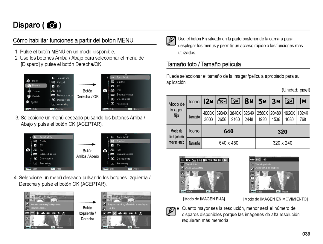 Samsung EC-ES73ZZBBOCA, EC-ES74ZZBDBE1 Cómo habilitar funciones a partir del botón Menu, Tamaño foto / Tamaño película 