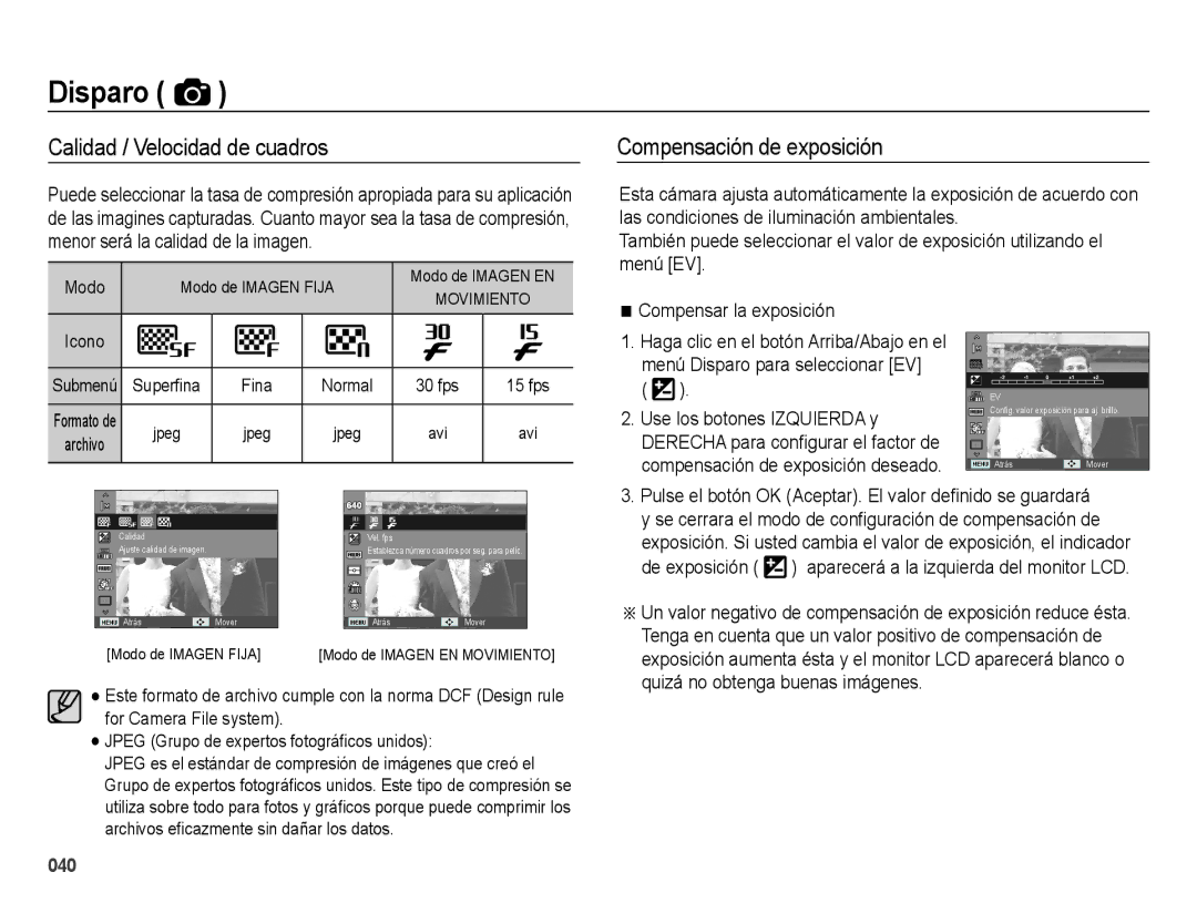 Samsung EC-ES73ZZBPRE1 Calidad / Velocidad de cuadros, Compensación de exposición, Compensar la exposición, De exposición 