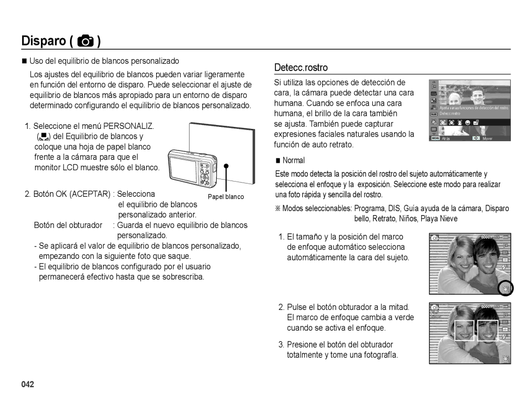 Samsung EC-ES73ZZBBOCA manual Detecc.rostro, Uso del equilibrio de blancos personalizado, Botón OK Aceptar Selecciona 