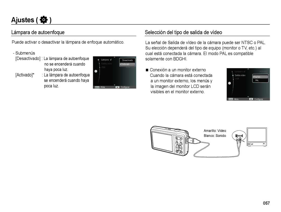 Samsung EC-ES73ZZBBOCA, EC-ES74ZZBDBE1 Lámpara de autoenfoque, Selección del tipo de salida de vídeo, Activado, Poca luz 