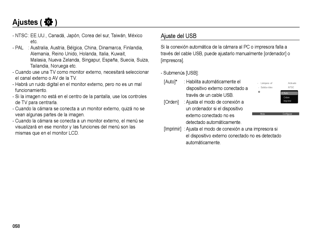 Samsung EC-ES73ZZBPRE1, EC-ES74ZZBDBE1, EC-ES73ZZBBOCA manual Ajuste del USB 