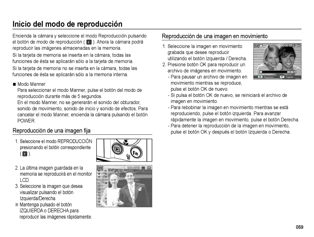 Samsung EC-ES74ZZBDBE1, EC-ES73ZZBBOCA manual Inicio del modo de reproducción, Reproducción de una imagen ﬁja, Modo Manner 