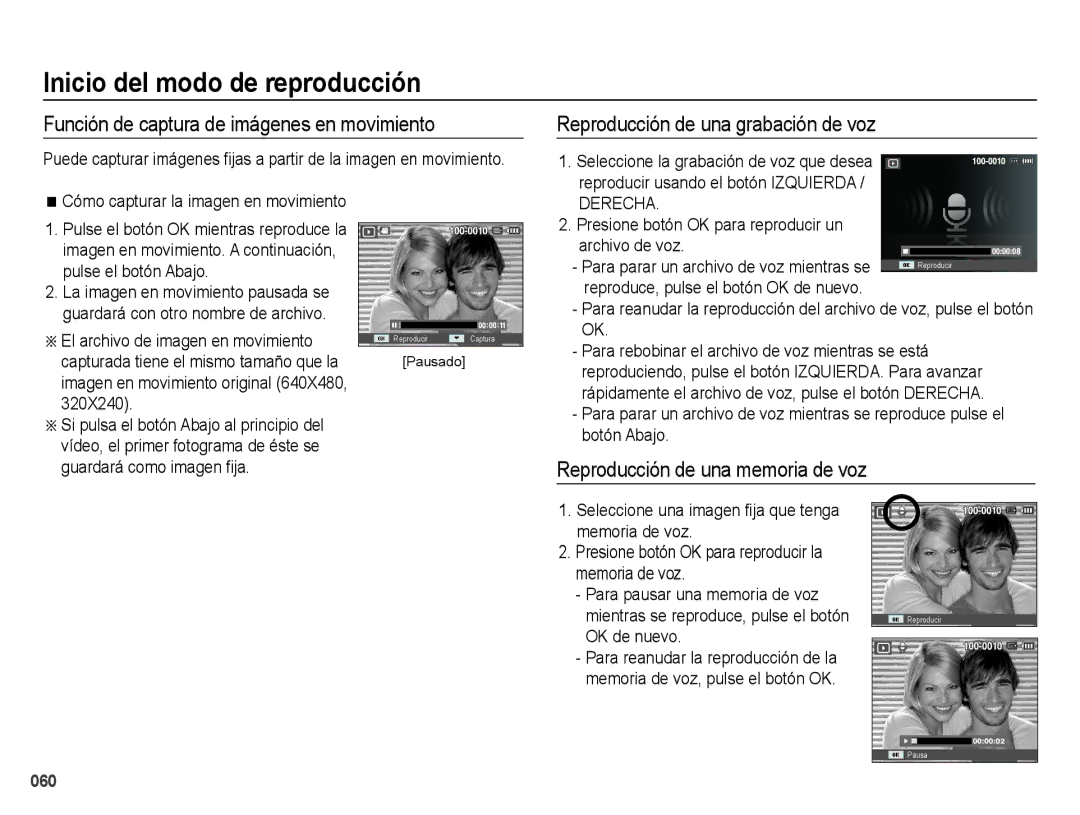 Samsung EC-ES73ZZBBOCA, EC-ES74ZZBDBE1 Función de captura de imágenes en movimiento, Reproducción de una grabación de voz 