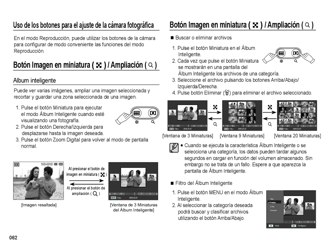 Samsung EC-ES74ZZBDBE1, EC-ES73ZZBBOCA, EC-ES73ZZBPRE1 manual Album inteligente, Ventana de 3 Miniaturas Ventana 9 Miniaturas 