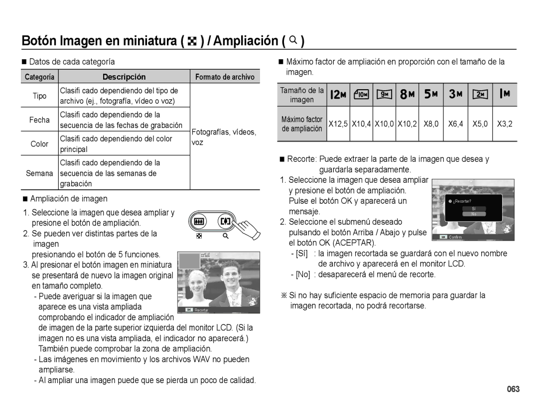 Samsung EC-ES73ZZBBOCA Botón Imagen en miniatura º / Ampliación í, Aparece es una vista ampliada, El botón OK Aceptar 