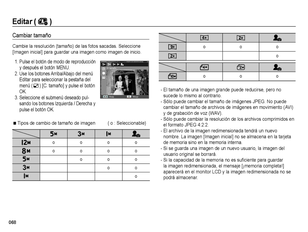 Samsung EC-ES74ZZBDBE1, EC-ES73ZZBBOCA, EC-ES73ZZBPRE1 manual Editar, Cambiar tamaño 