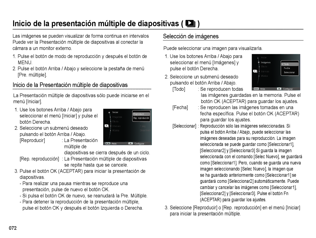 Samsung EC-ES73ZZBBOCA, EC-ES74ZZBDBE1 manual Inicio de la presentación múltiple de diapositivas, Selección de imágenes 