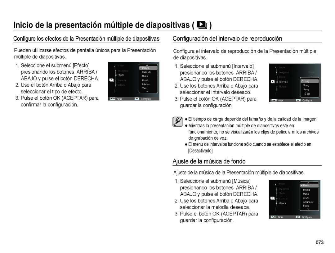 Samsung EC-ES73ZZBPRE1, EC-ES74ZZBDBE1 manual Conﬁguración del intervalo de reproducción, Ajuste de la música de fondo 