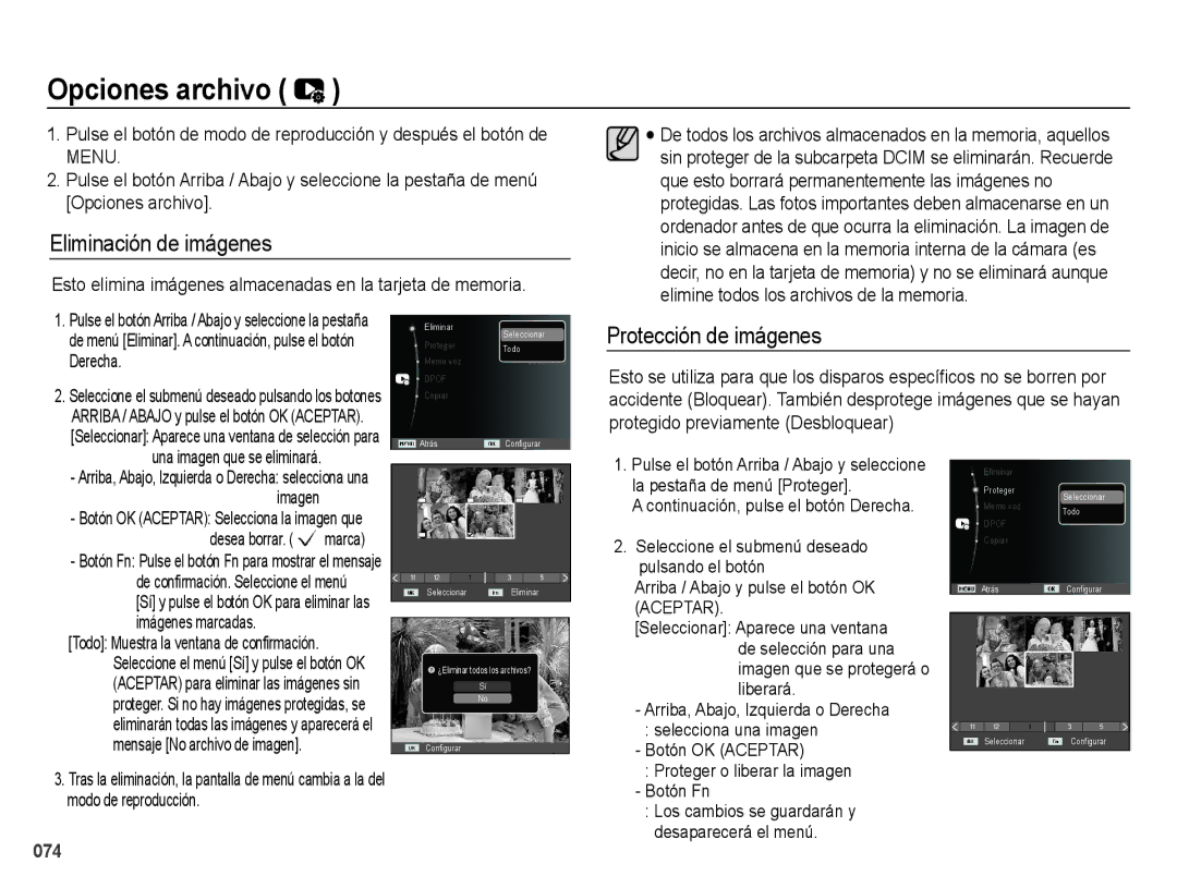 Samsung EC-ES74ZZBDBE1, EC-ES73ZZBBOCA manual Opciones archivo, Eliminación de imágenes, Protección de imágenes, Derecha 