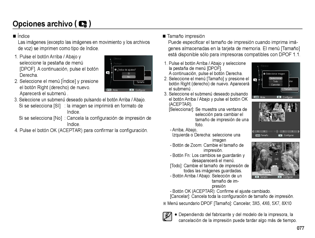 Samsung EC-ES74ZZBDBE1 manual Pulse el botón Arriba / Abajo y, Seleccione la pestaña de menú, Derecha, Tamaño impresión 