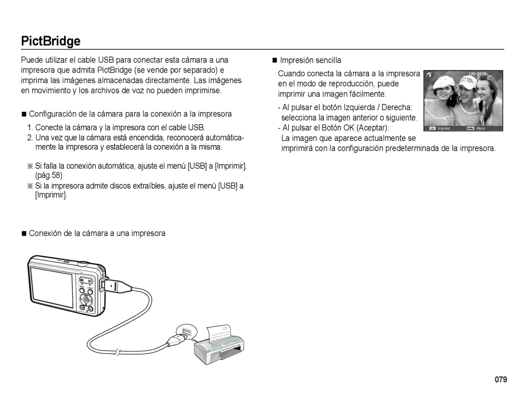 Samsung EC-ES73ZZBPRE1, EC-ES74ZZBDBE1, EC-ES73ZZBBOCA manual PictBridge, Al pulsar el Botón OK Aceptar 