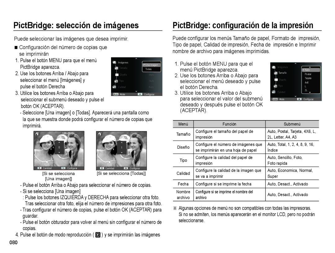 Samsung EC-ES74ZZBDBE1, EC-ES73ZZBBOCA, EC-ES73ZZBPRE1 manual PictBridge selección de imágenes 