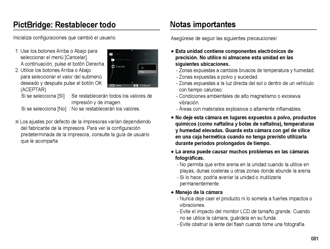 Samsung EC-ES73ZZBBOCA, EC-ES74ZZBDBE1, EC-ES73ZZBPRE1 manual PictBridge Restablecer todo, Notas importantes 