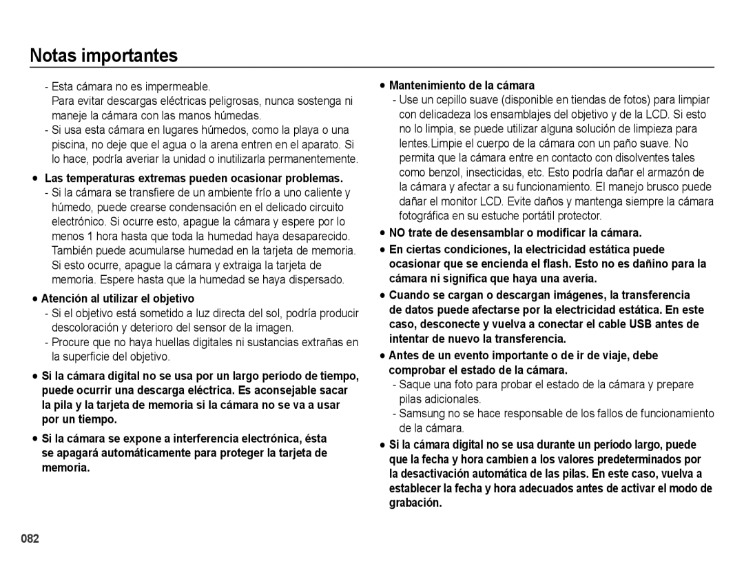 Samsung EC-ES73ZZBPRE1, EC-ES74ZZBDBE1 Esta cámara no es impermeable, Las temperaturas extremas pueden ocasionar problemas 