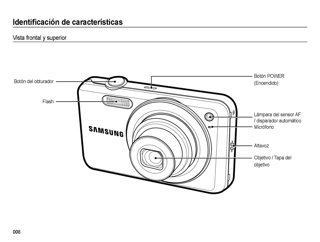 Samsung EC-ES74ZZBDBE1 manual Identiﬁcación de características, Vista frontal y superior, Botón del obturador Flash 