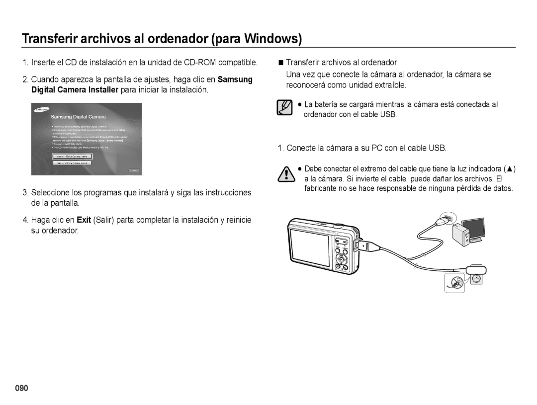 Samsung EC-ES73ZZBBOCA, EC-ES74ZZBDBE1, EC-ES73ZZBPRE1 manual Conecte la cámara a su PC con el cable USB 