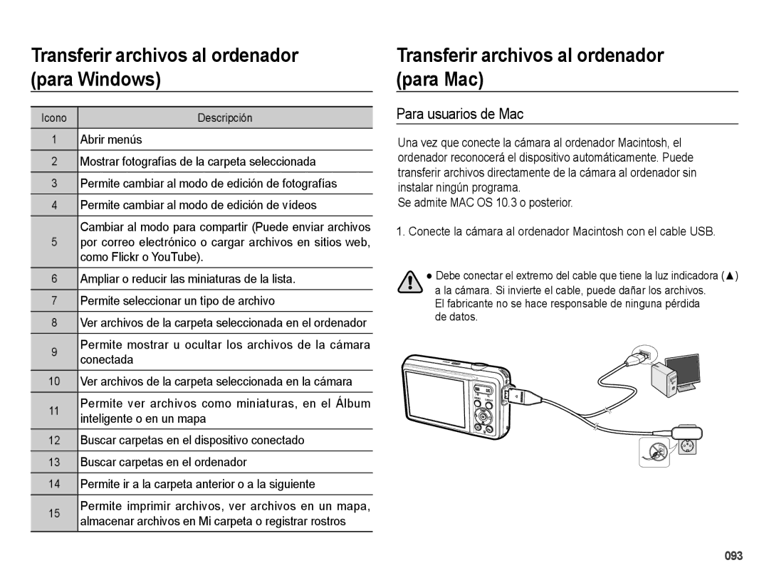 Samsung EC-ES73ZZBBOCA Transferir archivos al ordenador para Mac, Para usuarios de Mac, Se admite MAC OS 10.3 o posterior 