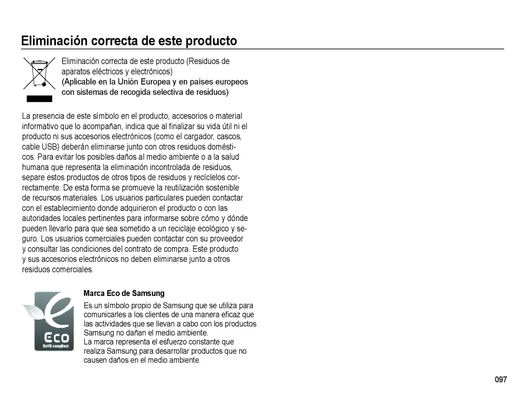 Samsung EC-ES73ZZBPRE1, EC-ES74ZZBDBE1, EC-ES73ZZBBOCA manual Eliminación correcta de este producto, Marca Eco de Samsung 