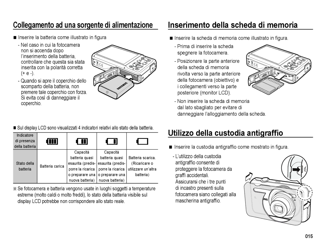 Samsung EC-ES73ZZBPSIT, EC-ES74ZZBDBE1 manual Inserimento della scheda di memoria, Utilizzo della custodia antigrafﬁo 