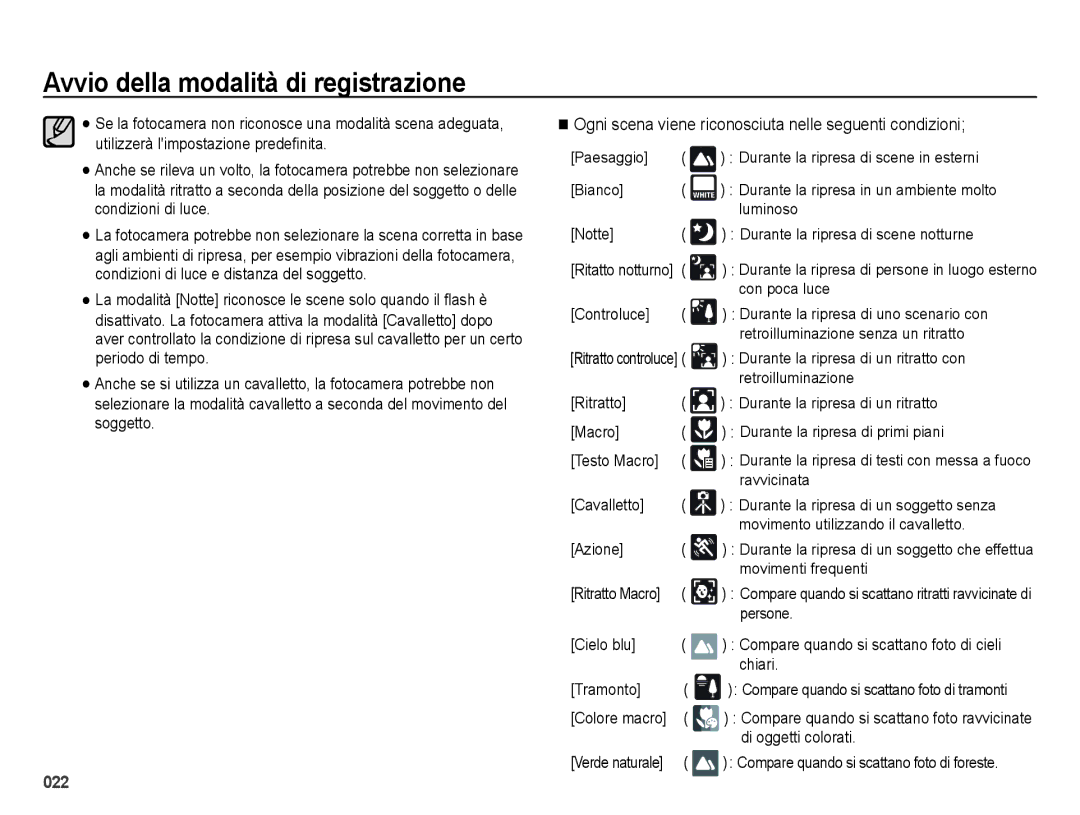 Samsung EC-ES73ZZBPBIT, EC-ES74ZZBDBE1, EC-ES73ZZBPOE1 manual Ogni scena viene riconosciuta nelle seguenti condizioni 