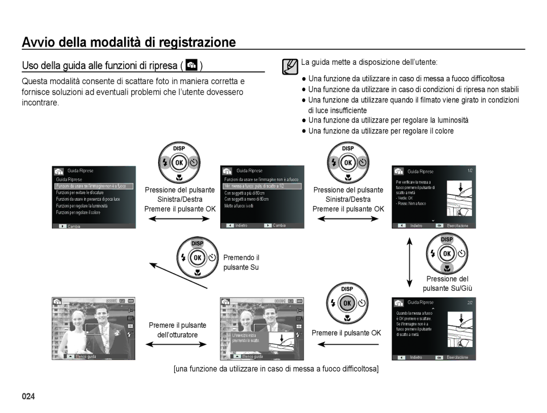 Samsung EC-ES73ZZBPOE1 manual Uso della guida alle funzioni di ripresa, Sinistra/Destra, Pressione del Pulsante Su/Giù 