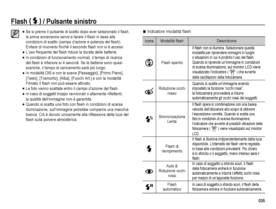 Samsung EC-ES74ZZBDBE1, EC-ES73ZZBPOE1, EC-ES73ZZBPRIT, EC-ES73ZZBPUIT Flash / Pulsante sinistro, Indicatore modalità ﬂash 