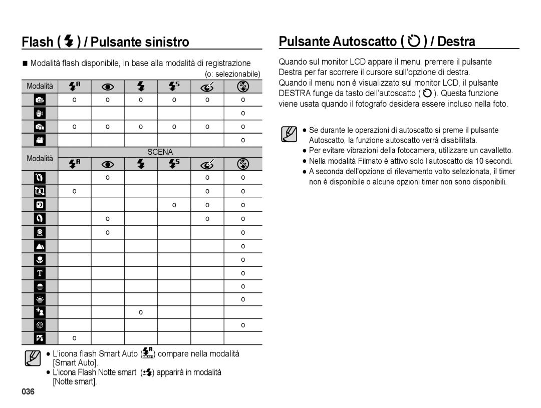 Samsung EC-ES73ZZBPOE1, EC-ES74ZZBDBE1, EC-ES73ZZBPRIT, EC-ES73ZZBPUIT, EC-ES73ZZBPSIT manual Pulsante Autoscatto / Destra 