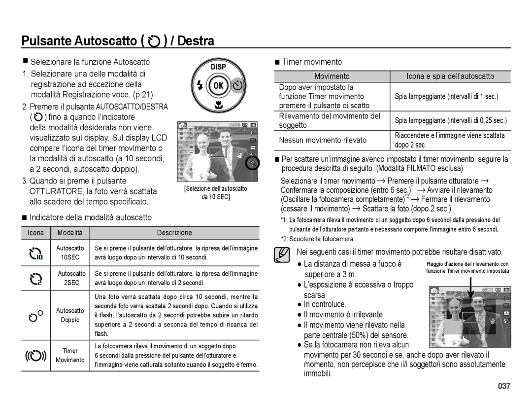 Samsung EC-ES73ZZBPRIT manual Selezionare la funzione Autoscatto, Indicatore della modalità autoscatto, Timer movimento 