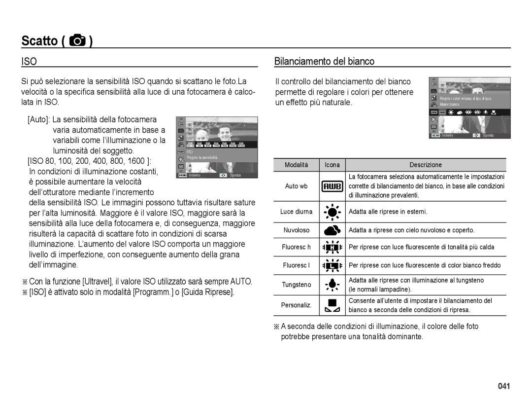 Samsung EC-ES74ZZBDBE1, EC-ES73ZZBPOE1 manual Bilanciamento del bianco, Luminosità del soggetto, ISO 80, 100, 200, 400, 800 