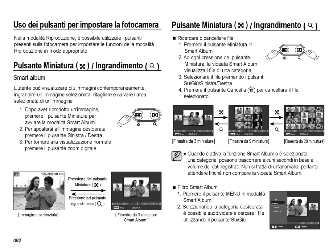 Samsung EC-ES73ZZBPUIT, EC-ES74ZZBDBE1, EC-ES73ZZBPOE1 manual Uso dei pulsanti per impostare la fotocamera, Smart album 