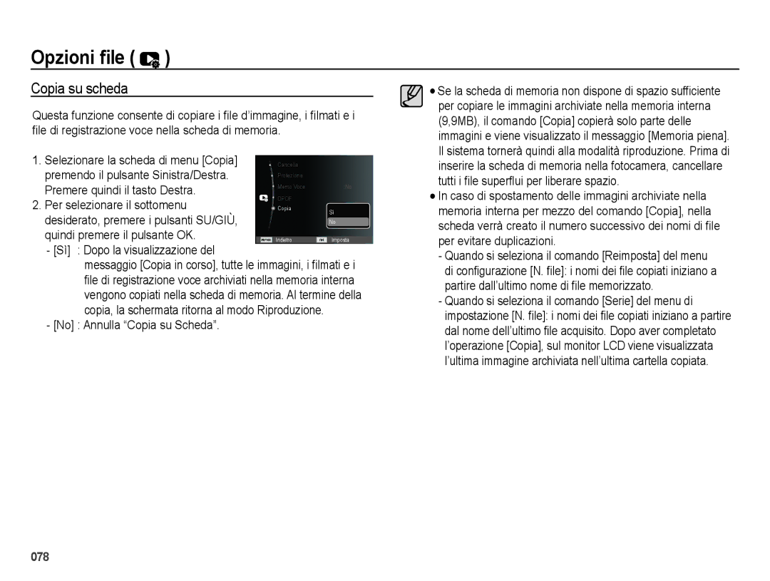 Samsung EC-ES73ZZBPOE1, EC-ES74ZZBDBE1 manual Copia su scheda, Sì Dopo la visualizzazione del, No Annulla Copia su Scheda 