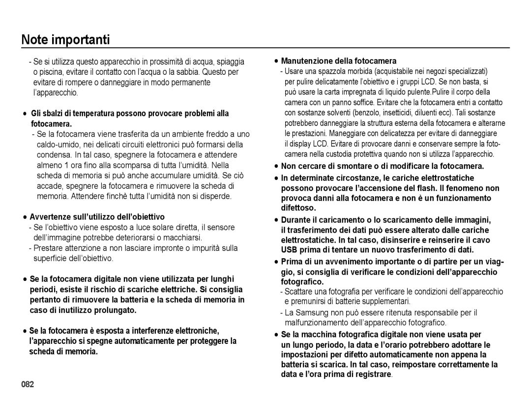 Samsung EC-ES73ZZBPBIT, EC-ES74ZZBDBE1 manual Avvertenze sull’utilizzo dell’obiettivo, Manutenzione della fotocamera 