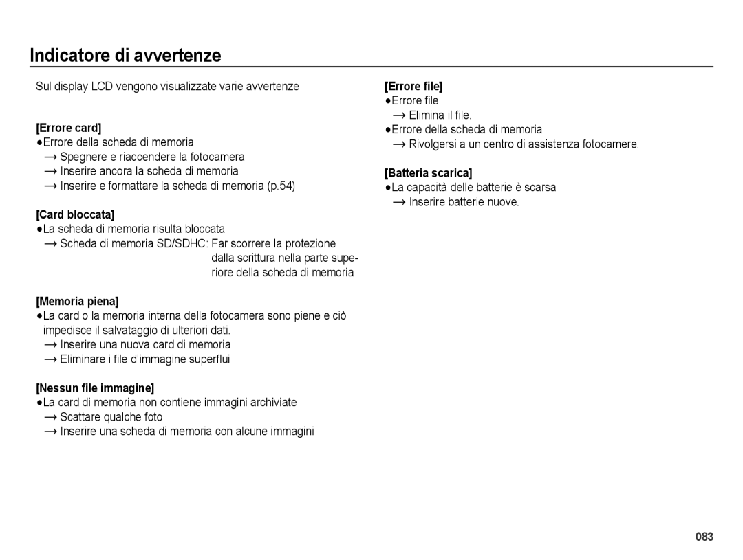 Samsung EC-ES74ZZBDBE1, EC-ES73ZZBPOE1, EC-ES73ZZBPRIT, EC-ES73ZZBPUIT, EC-ES73ZZBPSIT manual Indicatore di avvertenze 