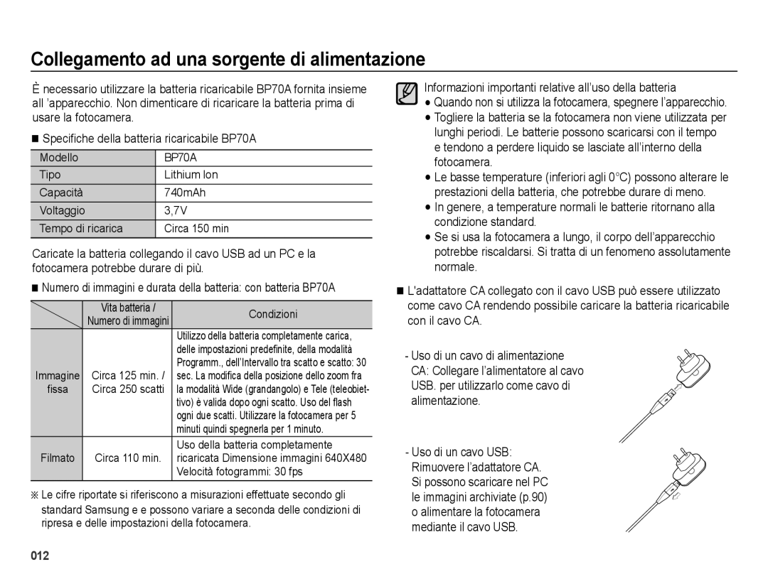 Samsung EC-ES75ZZBPUIT, EC-ES74ZZBDBE1, EC-ES75ZZBPOIT, EC-ES75ZZBPBIT manual Collegamento ad una sorgente di alimentazione 