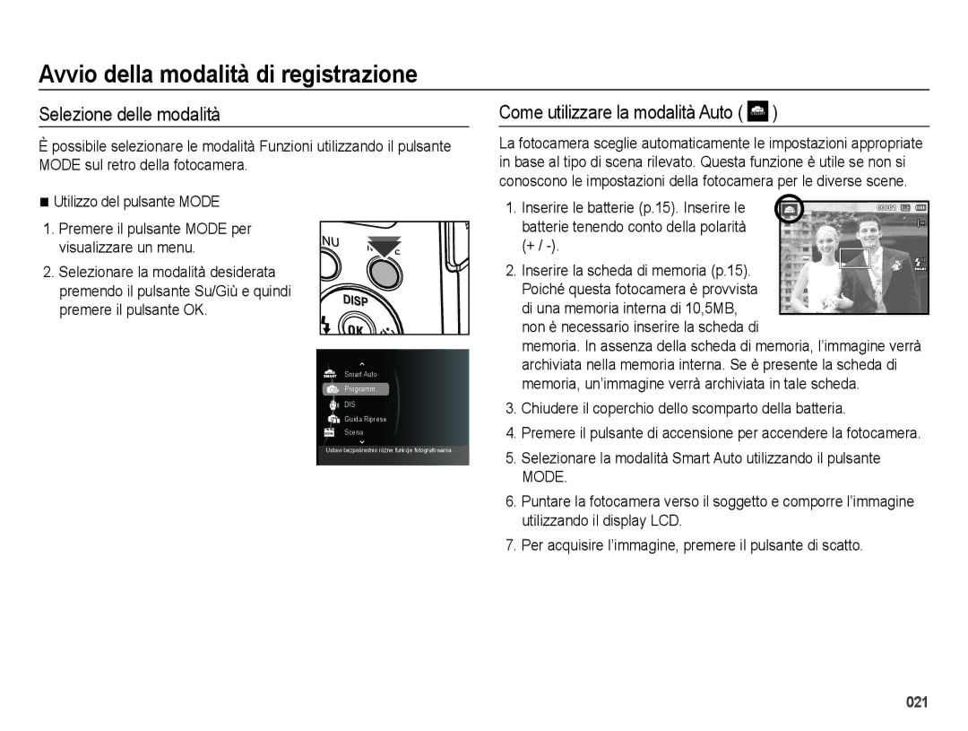 Samsung EC-ES75ZZBPBIT Avvio della modalità di registrazione, Selezione delle modalità, Come utilizzare la modalità Auto 