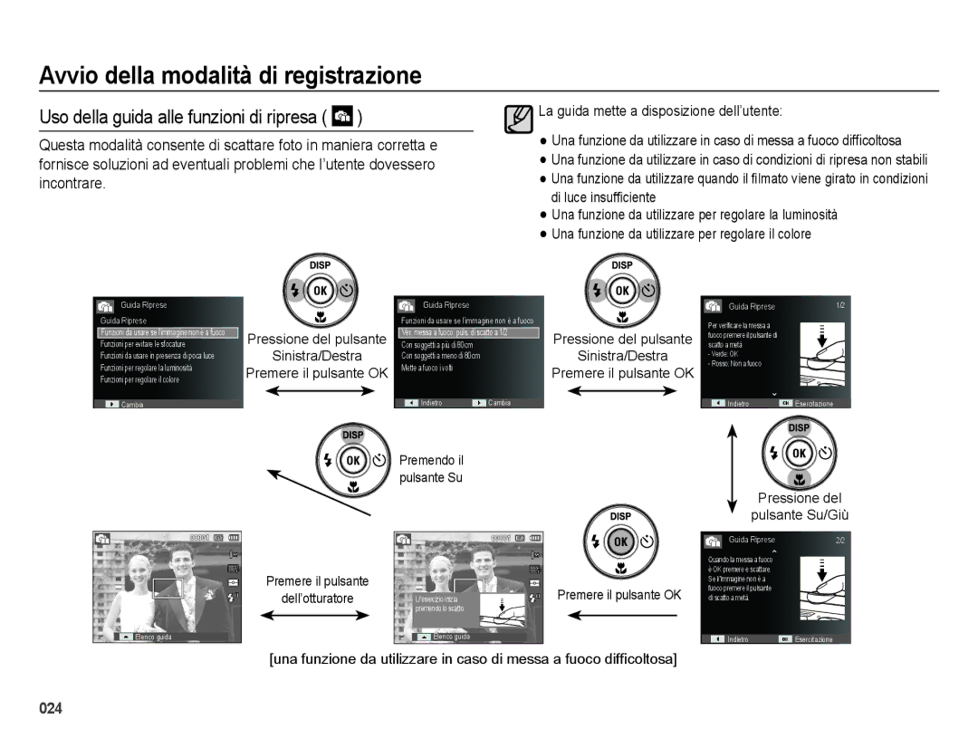 Samsung EC-ES74ZZBDBE1, EC-ES75ZZBPOIT Uso della guida alle funzioni di ripresa, Pressione del pulsante Sinistra/Destra 