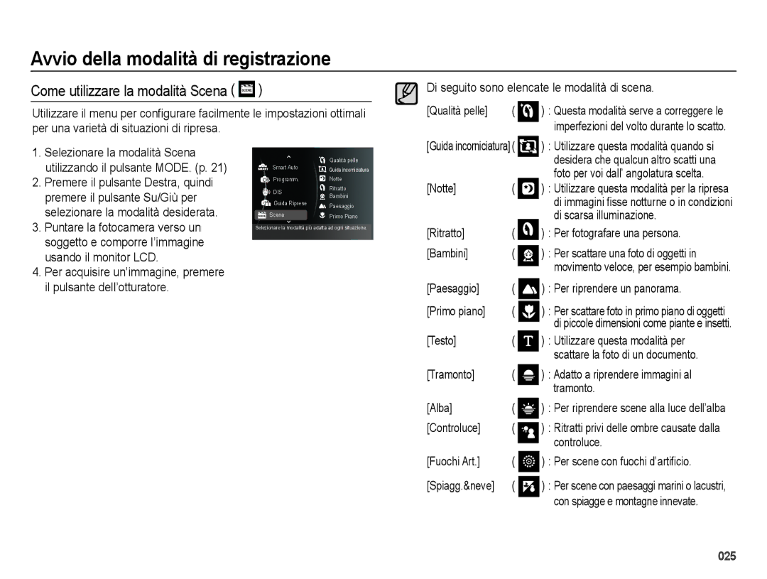 Samsung EC-ES75ZZBPOIT, EC-ES74ZZBDBE1, EC-ES75ZZBPBIT, EC-ES75ZZBPUIT, EC-ES75ZZBPSIT manual Come utilizzare la modalità Scena 