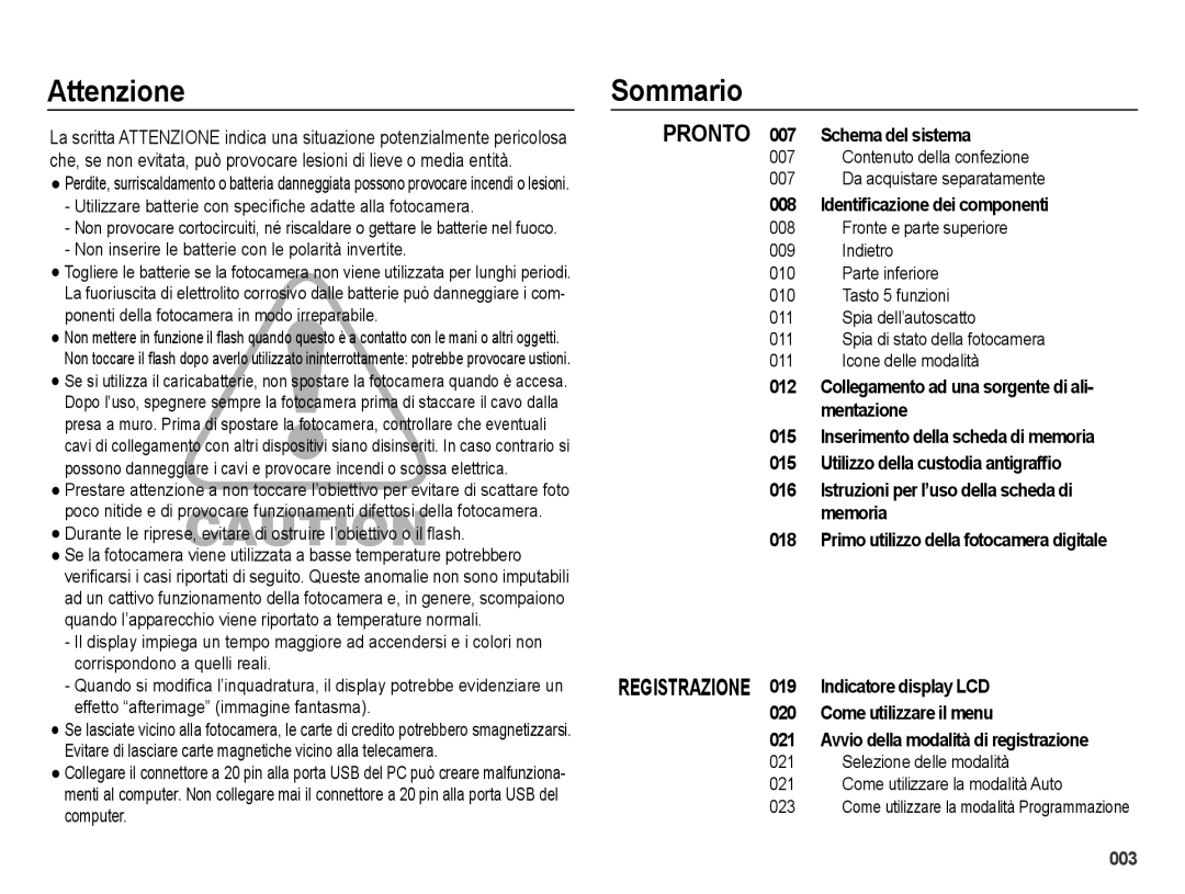 Samsung EC-ES75ZZBPSIT, EC-ES74ZZBDBE1, EC-ES75ZZBPOIT, EC-ES75ZZBPBIT, EC-ES75ZZBPUIT manual Attenzione, Sommario 