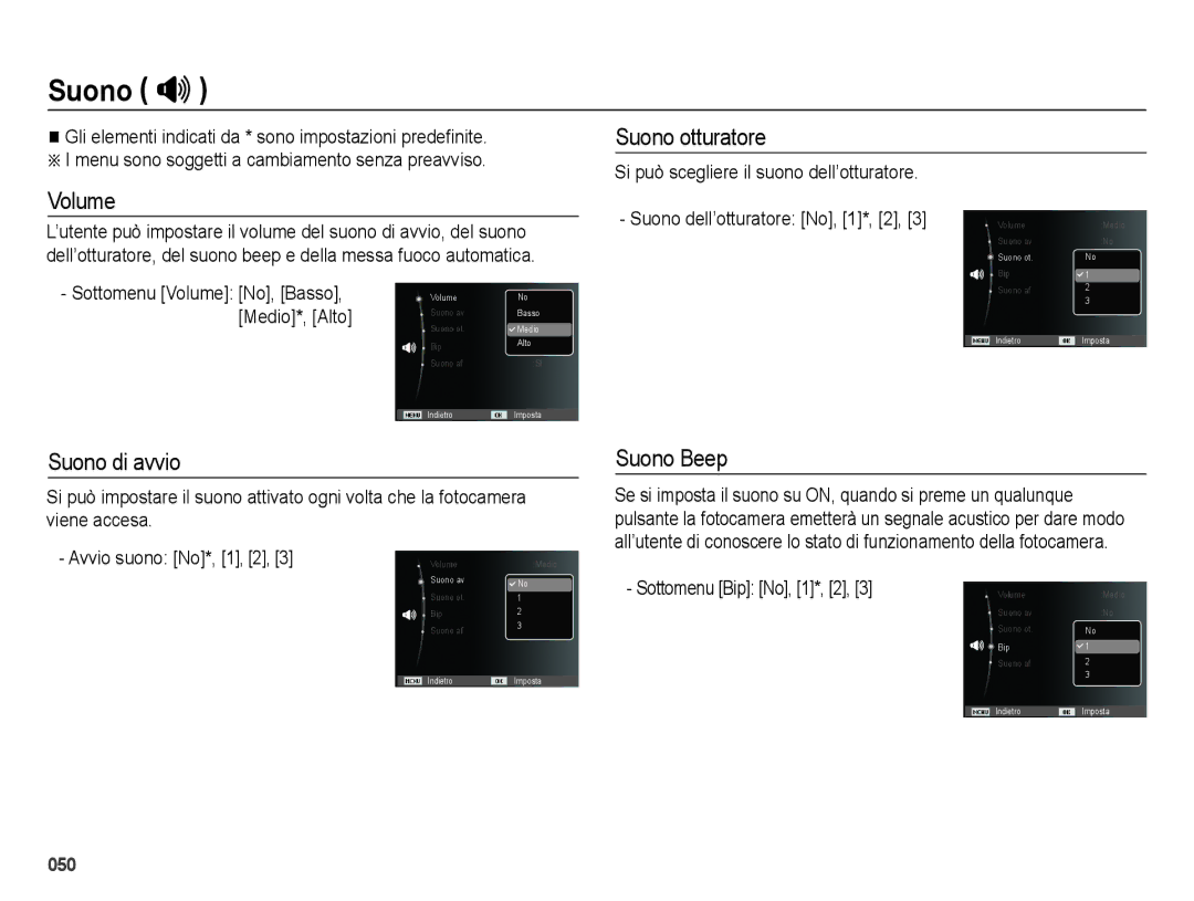 Samsung EC-ES75ZZBPOIT, EC-ES74ZZBDBE1, EC-ES75ZZBPBIT manual Suono , Volume, Suono di avvio, Suono otturatore, Suono Beep 