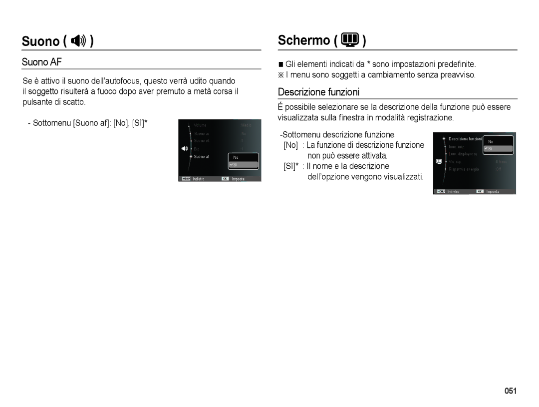 Samsung EC-ES75ZZBPBIT, EC-ES74ZZBDBE1 manual Schermo, Suono AF, Descrizione funzioni, Sottomenu descrizione funzione 