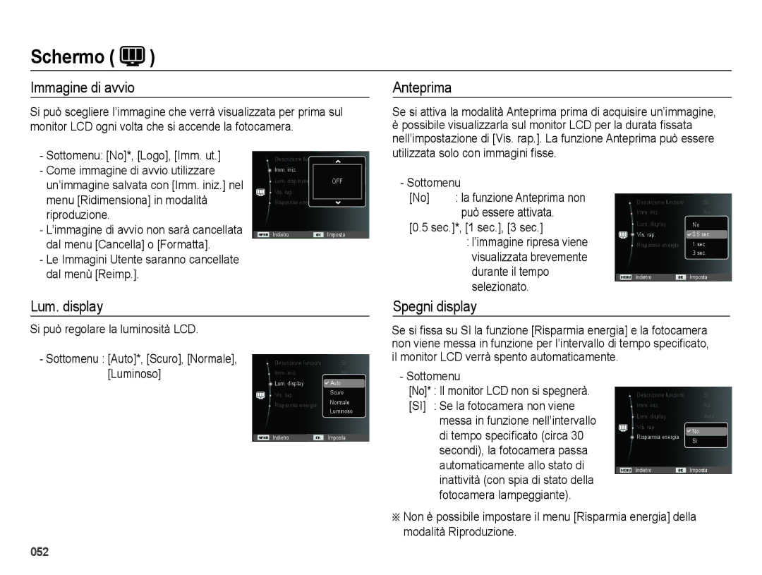 Samsung EC-ES75ZZBPUIT, EC-ES74ZZBDBE1, EC-ES75ZZBPOIT manual Immagine di avvio, Anteprima, Lum. display Spegni display 